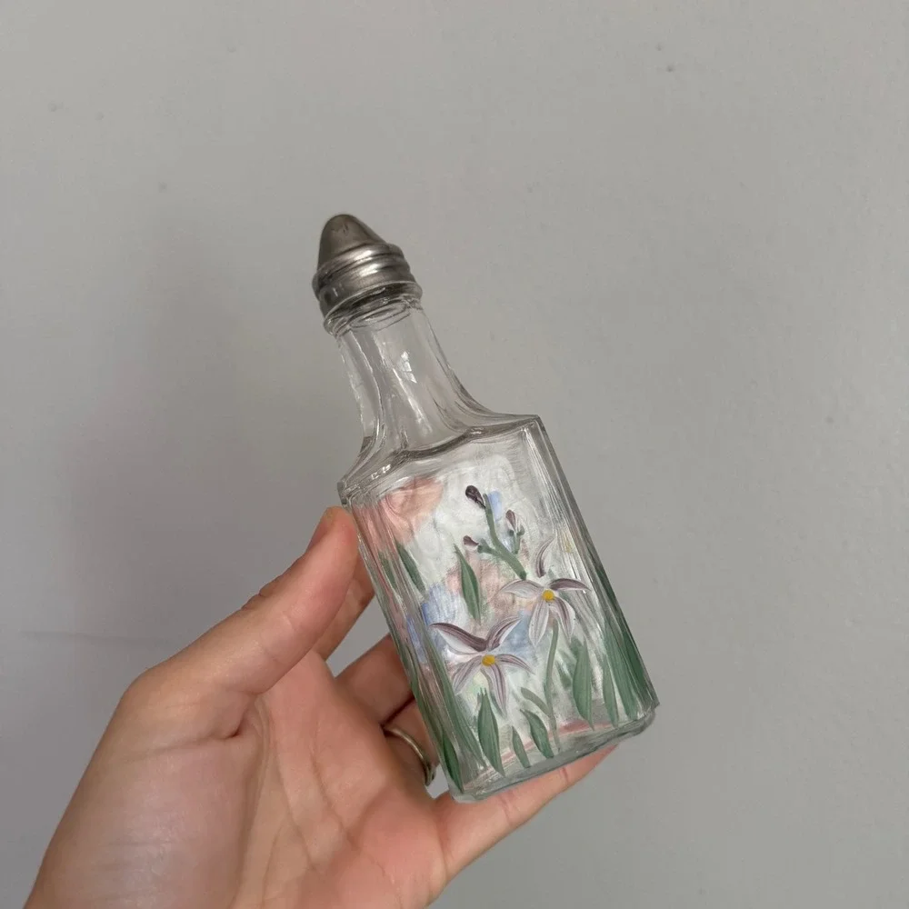 Vintage Hand Painted Floral Glass Shaker Bottle with Metal Cap 5.5 Inch